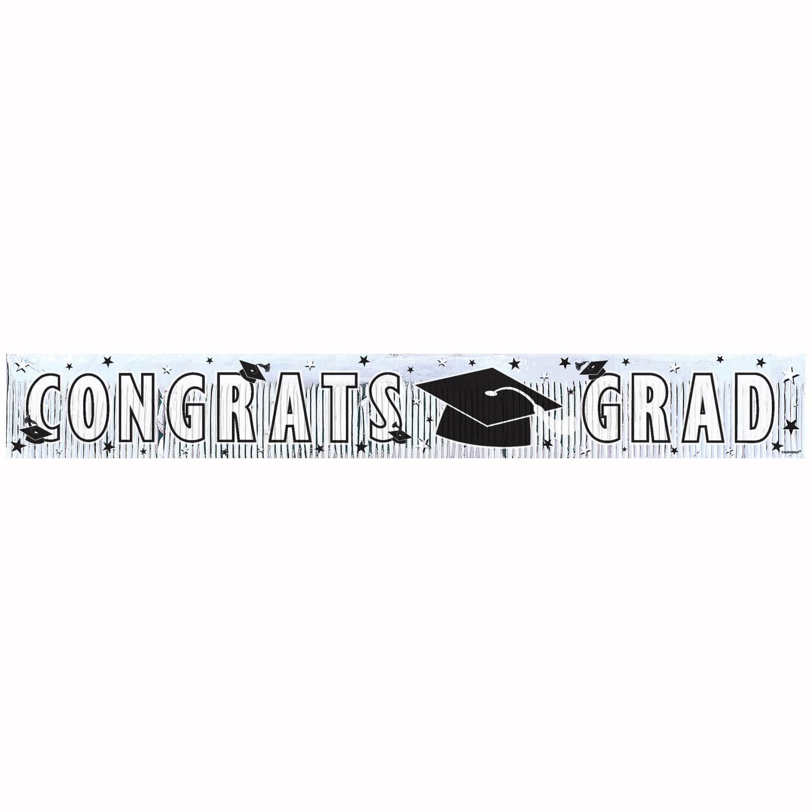 Graduation White Metallic Fringe Banner 5ft x 8in Decorations - Party Centre - Party Centre