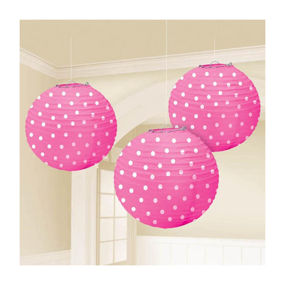 Bright Pink Dots Printed Lanterns 3pcs Decorations - Party Centre - Party Centre