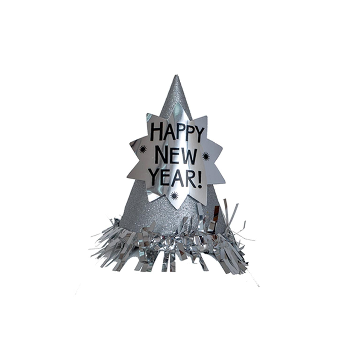 Happy New Year Silver Glitter Mini Cone Hat Costumes & Apparel - Party Centre - Party Centre
