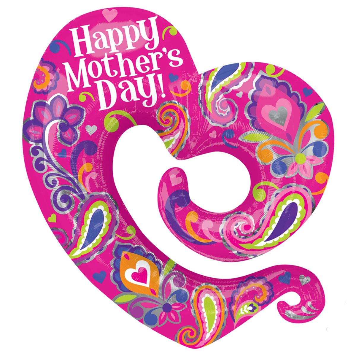 Happy Mothers Day Swirly Open Heart SuperShape 30in Balloons & Streamers - Party Centre - Party Centre