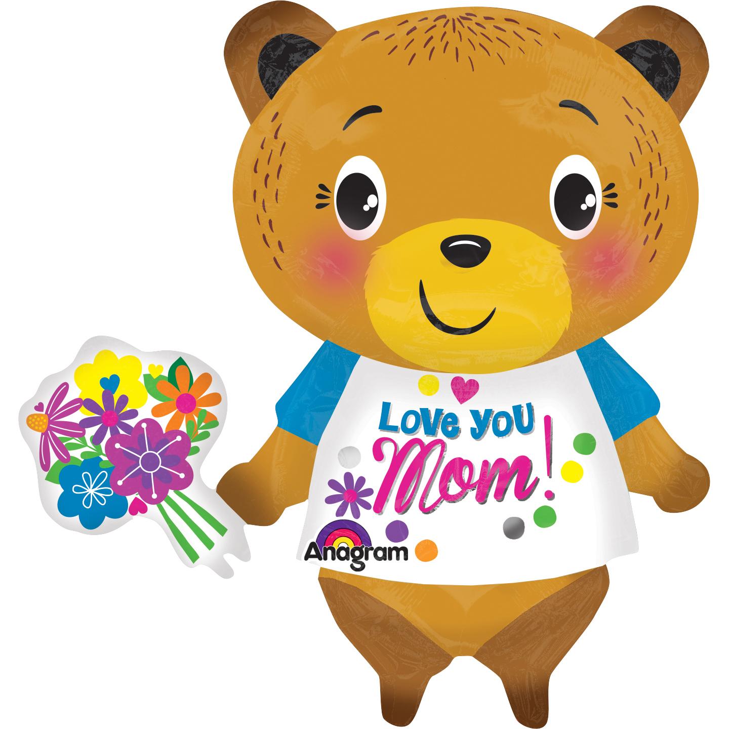 Love You Mom Bear with Flowers SuperShape 19x29in Balloons & Streamers - Party Centre - Party Centre