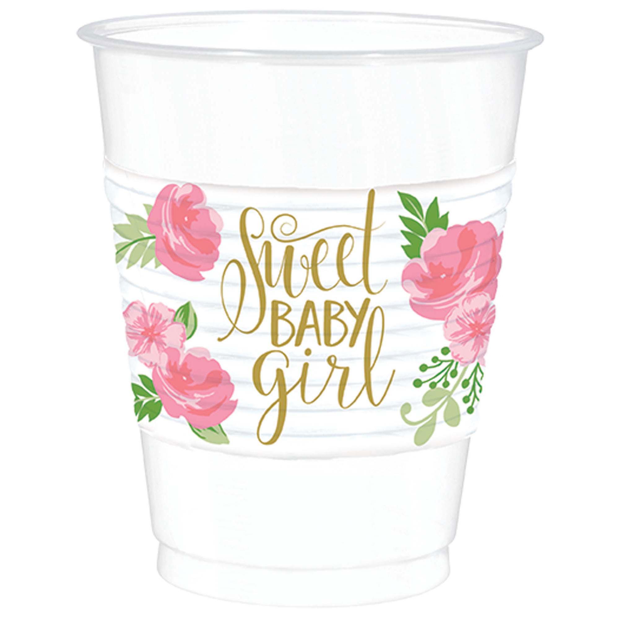 Floral Baby Girl Plastic Cups 16oz, 25pcs Solid Tableware - Party Centre - Party Centre
