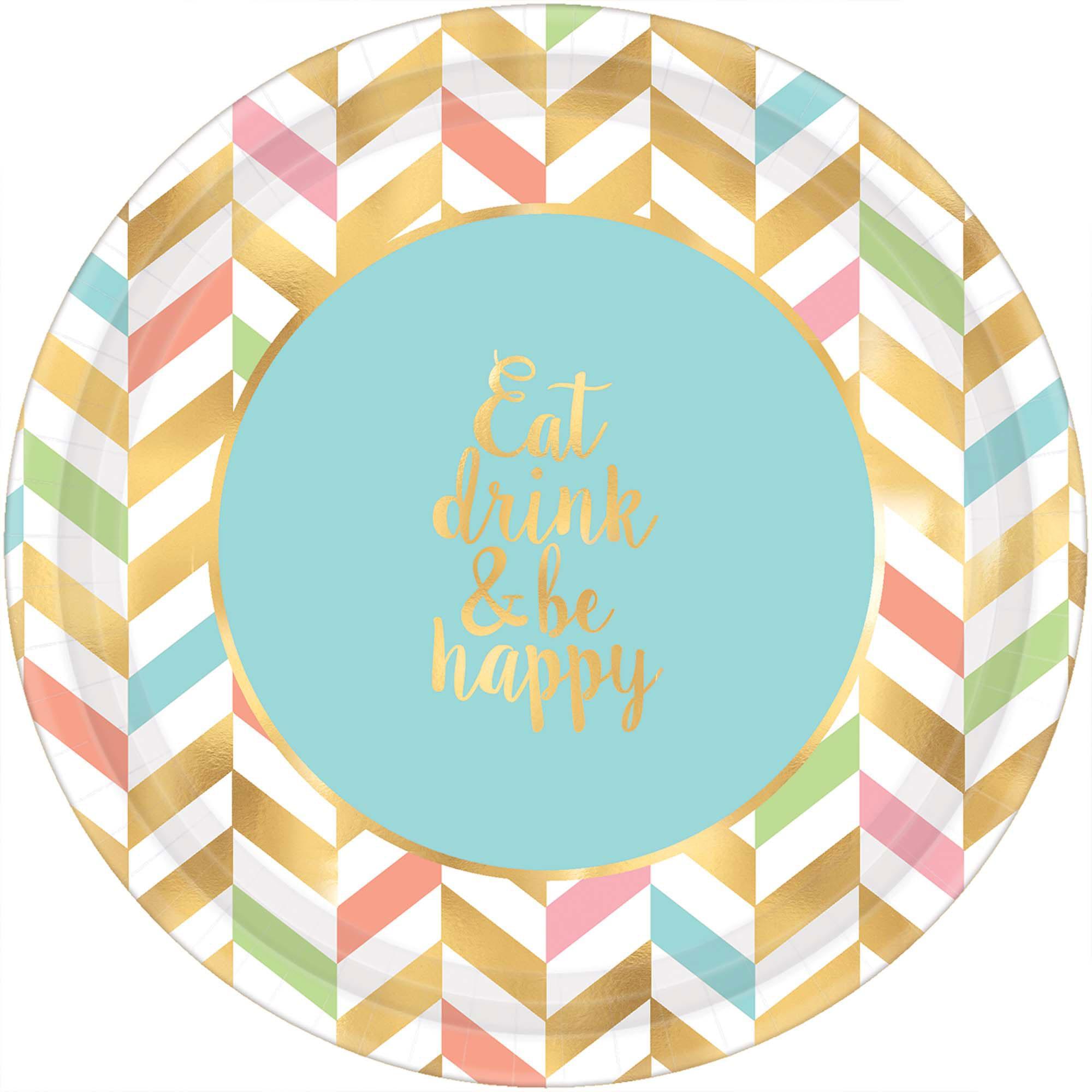 Eat, Drink & Be Happy Paper Plates 10.50in, 8pcs Printed Tableware - Party Centre - Party Centre