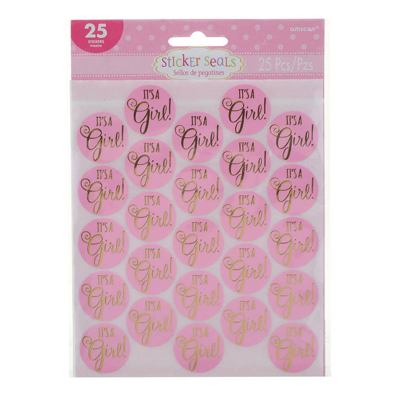Baby Shower It's A Girl Pink Sticker Seals 25pcs Favours - Party Centre