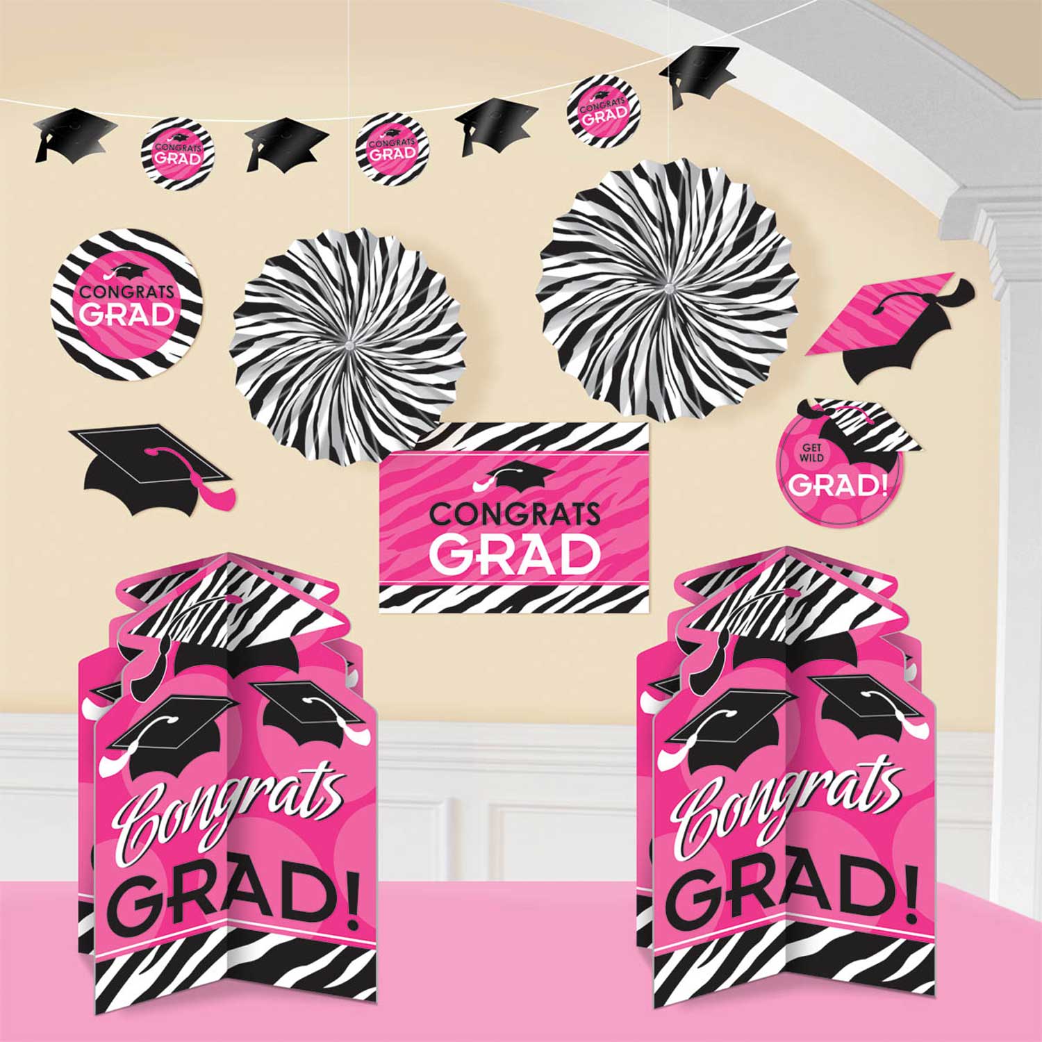 Graduation Pink And Black Decorating Kit - Party Centre