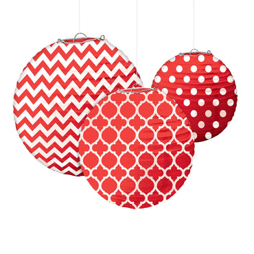 Apple Red Dots & Chevron Round Paper Lantern 24cm - Party Centre