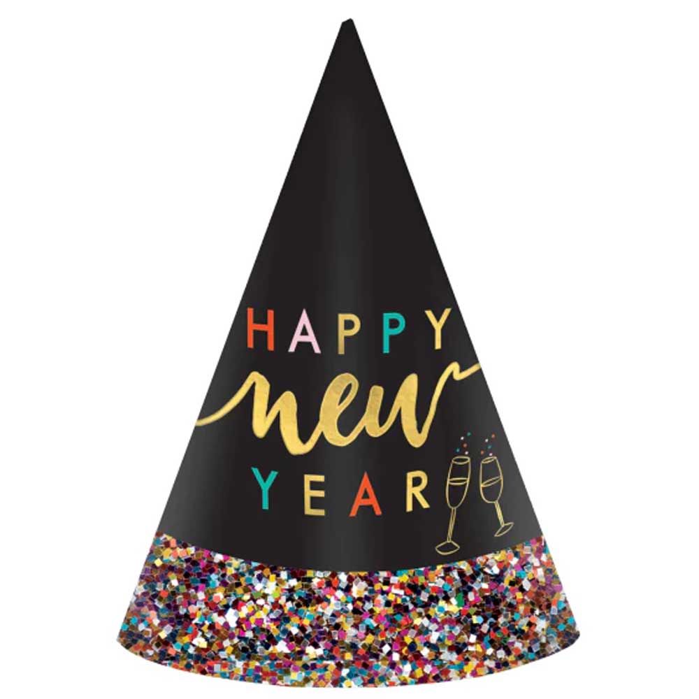 Colorful Happy New Year Glitter Paper Cone Hat - Party Centre