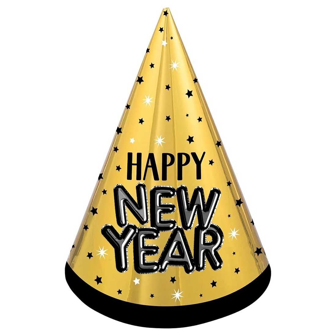 Happy New Year Paper Cone Hat (Black, Silver & Gold) - Party Centre