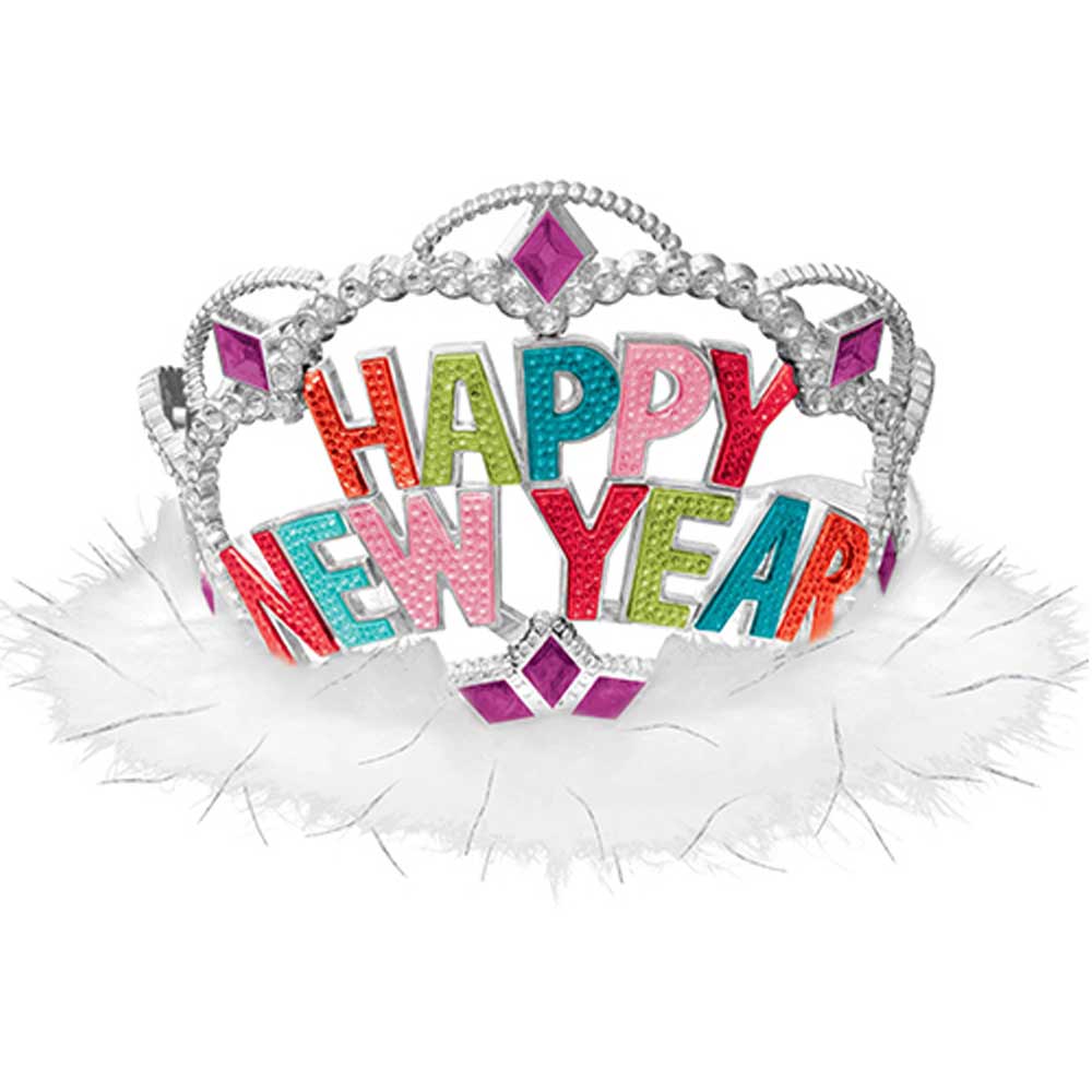 Happy New Year Tiara Electroplated Plastic & Marabou - Party Centre