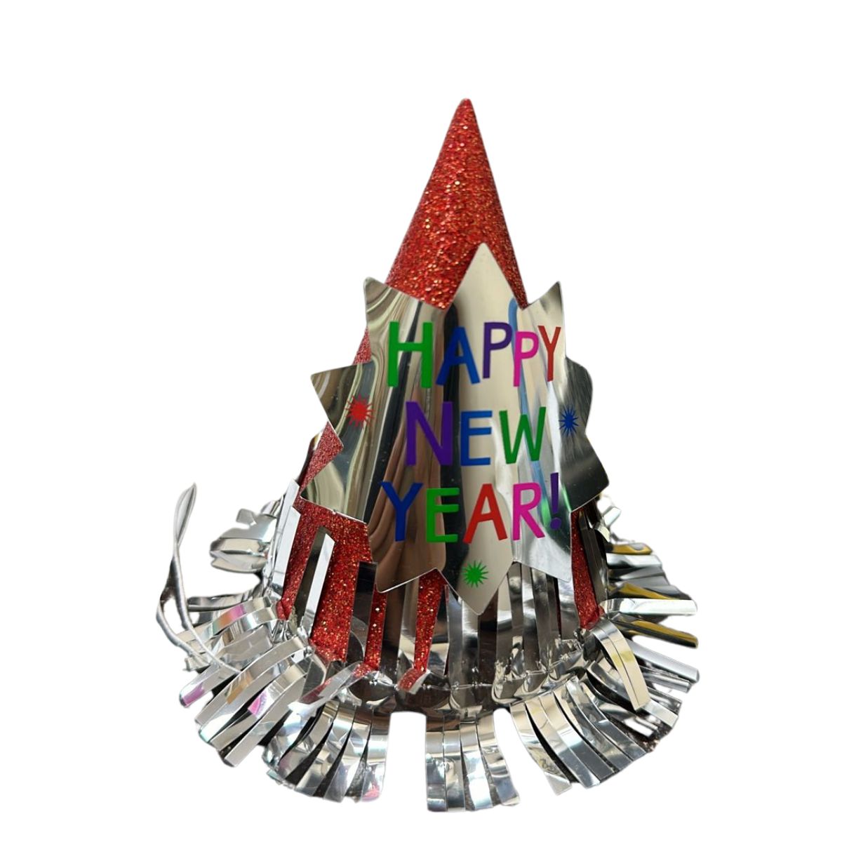Happy New Year Red Glitter Cone Hat - Party Centre
