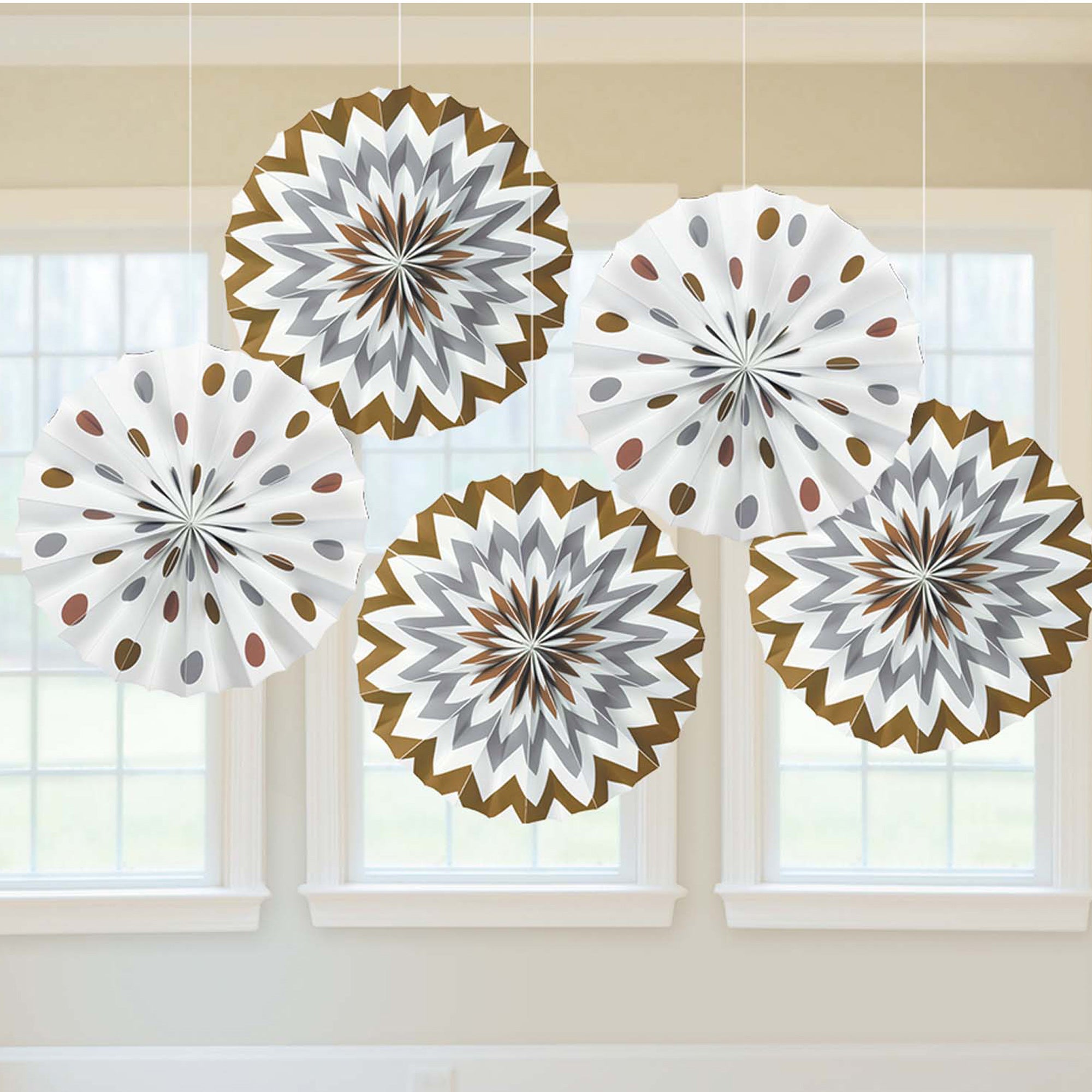 Mixed Metal Dots and Chevron Printed Paper Fan 8in 5pcs - Party Centre