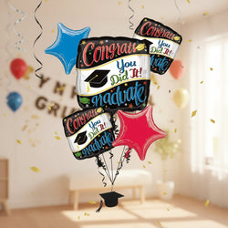 Graduation-themed balloons with 'Congrats You Did It! Graduate' text on a white background