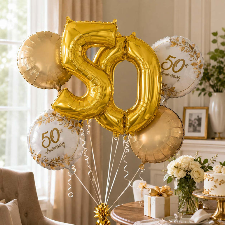 Happy 50th Anniversary Balloon Bouquet, 5pcs Foil Balloon Party Decoration