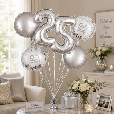 Happy 25th Anniversary Balloon Bouquet, 5pcs Foil Balloon Party Decoration - Party Centre