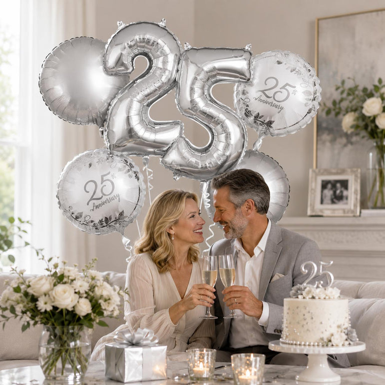 Happy 25th Anniversary Balloon Bouquet, 5pcs Foil Balloon Party Decoration
