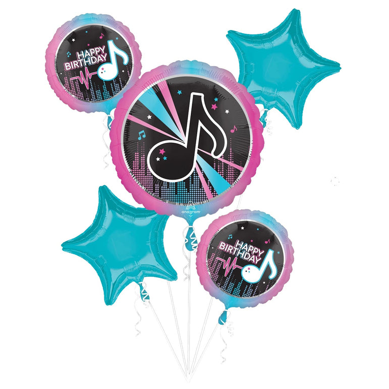Set of birthday balloons with musical notes and 'Happy Birthday' text on a white background