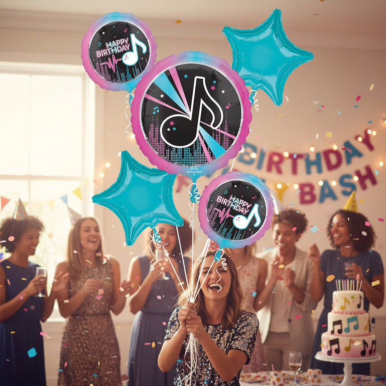 Set of birthday balloons with musical notes and 'Happy Birthday' text on a white background