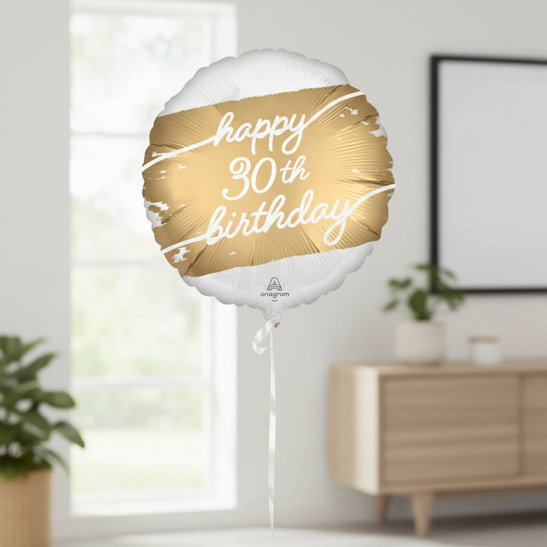 Gold and white balloon with 'happy 30th birthday' text and Anagram logo.