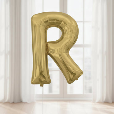 Gold letter 'R' balloon with Anagram logo on a white background - Party Centre