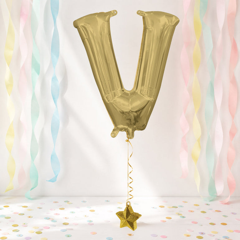 White Gold Letter V Supershape Foil Balloon 81x81cm Party Decoration
