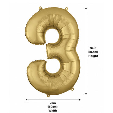 Gold number 3 balloon with dimensions on a white background - Party Centre