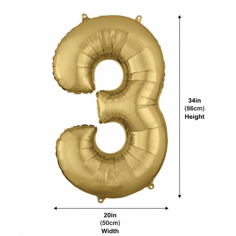 Gold number 3 balloon with dimensions on a white background