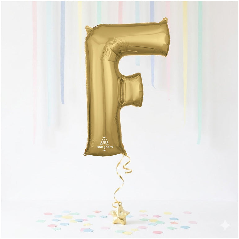 Gold letter 'F' balloon against a white background with colorful confetti
