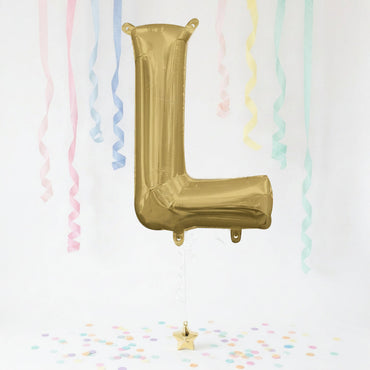 Gold letter 'L' balloon with pastel streamers and confetti on a white background - Party Centre