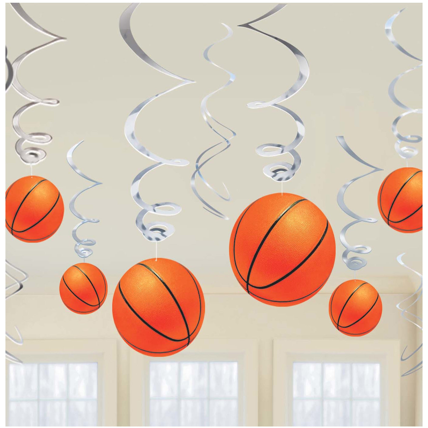 رزمة من الزينة الحلزونية بتصميم كرة السلة 12 قطعة  - Party Centre
