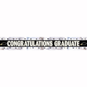 Graduation Black White Silver and Gold  Foil Banner 9ft Decorations - Party Centre - Party Centre