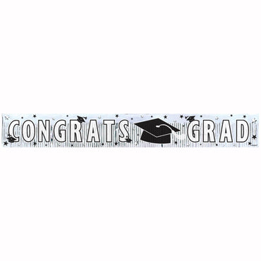 Graduation White Metallic Fringe Banner 5ft x 8in Decorations - Party Centre - Party Centre