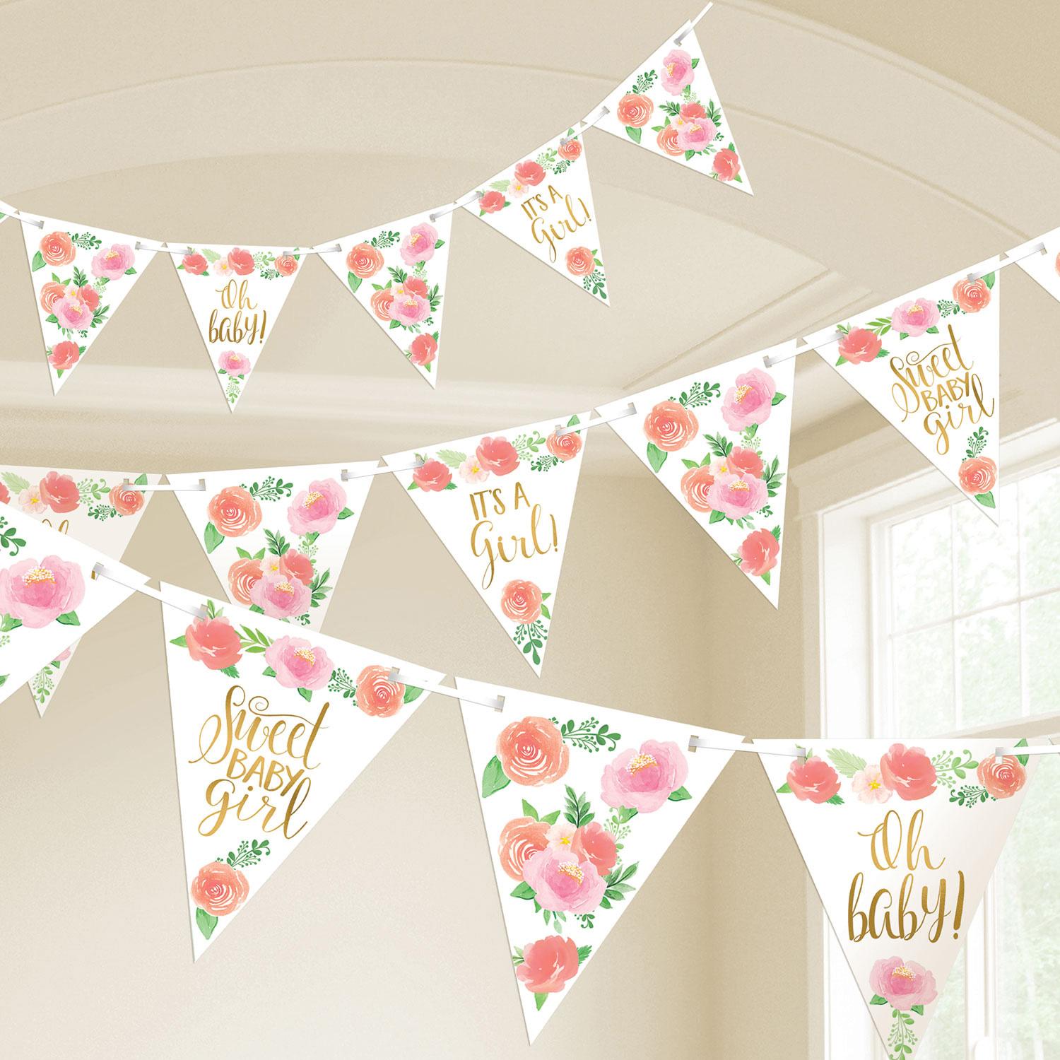 Floral Baby Girl Pennant Banner 4.57m Decorations - Party Centre - Party Centre