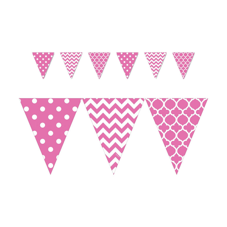Bright Pink Dots & Chevron Large Pennant Banner 12ft Decorations - Party Centre