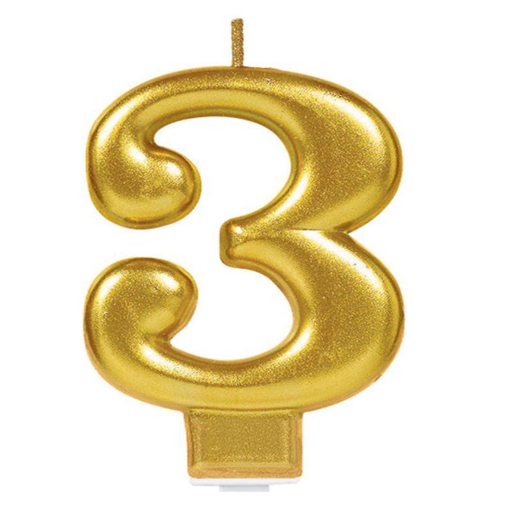 Numeral #3 Metallic Gold Moulded Candle Party Accessories - Party Centre - Party Centre