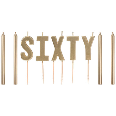 60th Golden Age Birthday Pick Candles 4in, 9pcs - Party Centre