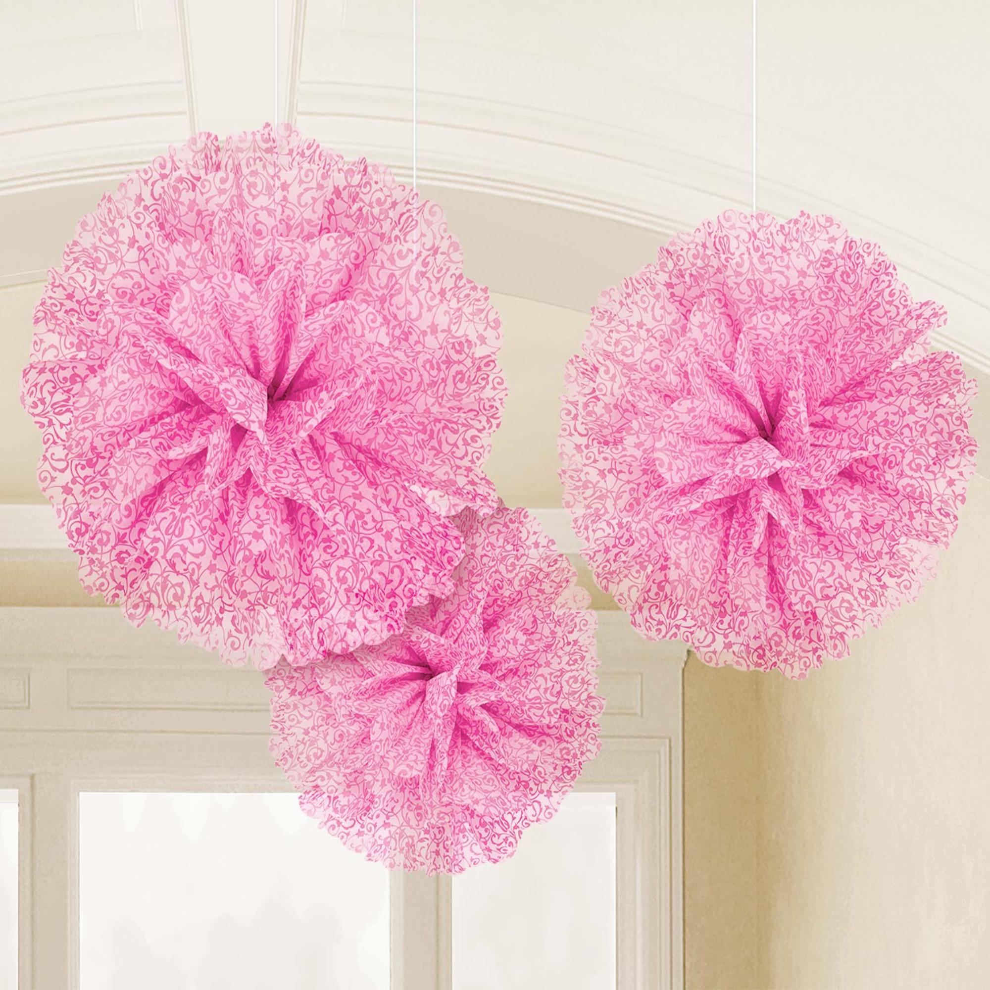 Bright Pink Fluffy Decorations 3pcs - Party Centre
