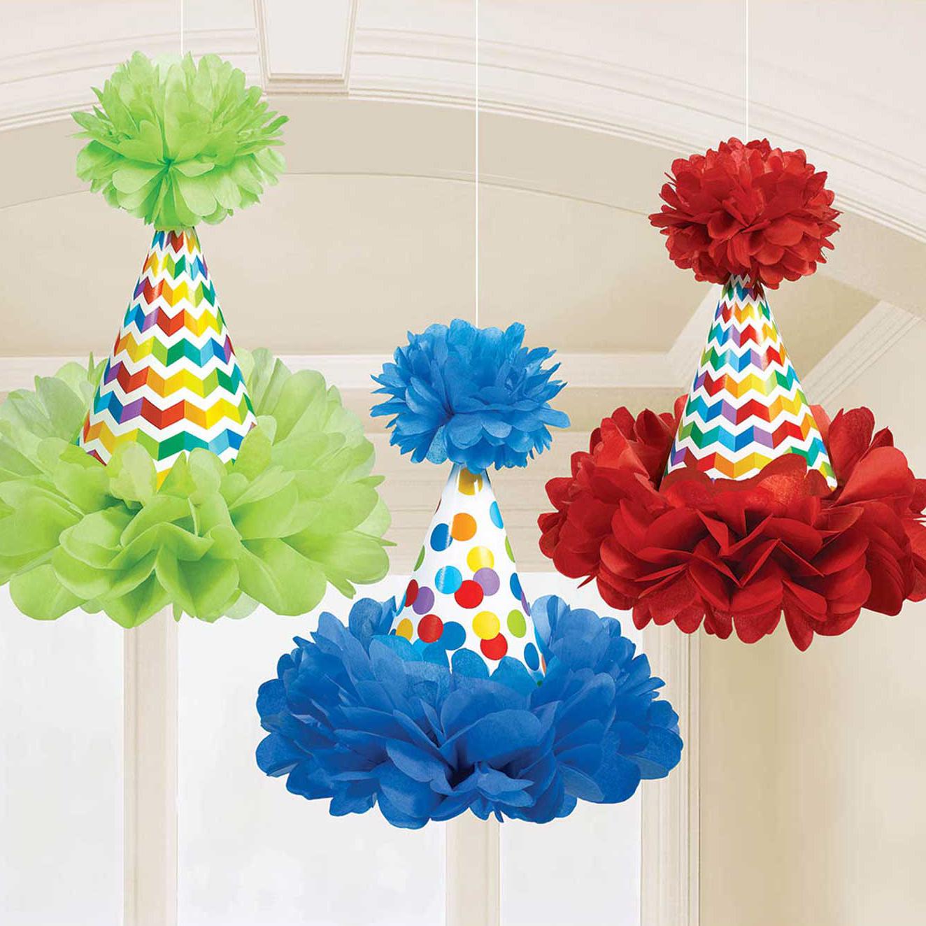 Bright Birthday Cone Hat Fluffy Decorations 3pcs Party Accessories - Party Centre - Party Centre