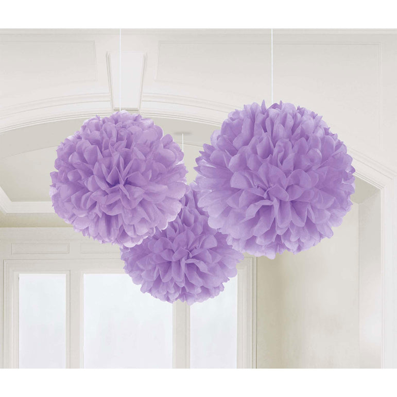 Lilac-Lavender Fluffy Decorations Tissue Paper 3pcs Decorations - Party Centre