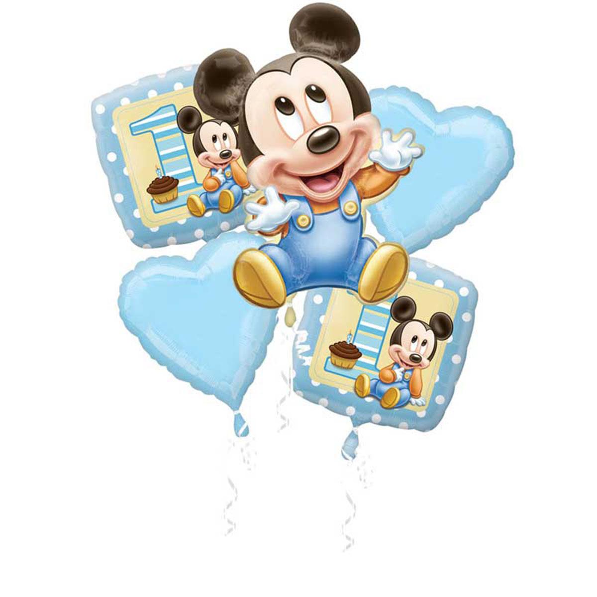 Mickey 1st Birthday Boy Bouquet 5ct Balloons & Streamers - Party Centre - Party Centre