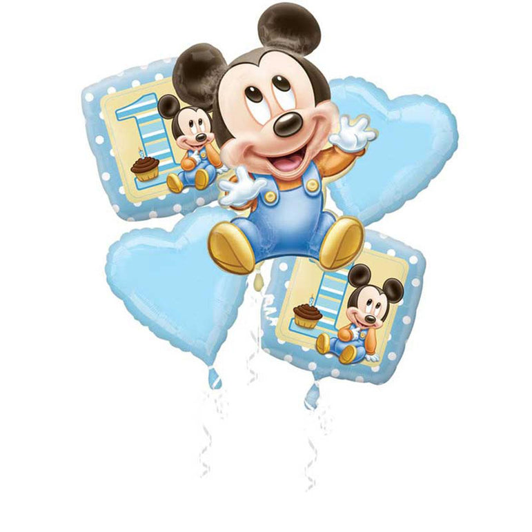 Mickey 1st Birthday Boy Bouquet 5ct Balloons & Streamers - Party Centre
