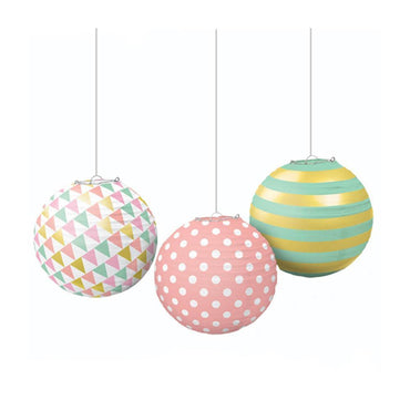 Pastel & Gold Paper Lanterns 3pcs 9.5in Decorations - Party Centre - Party Centre