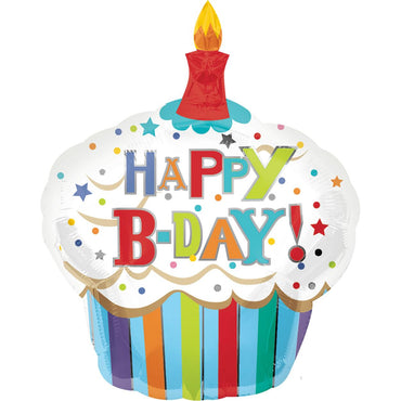 Happy Birthday Striped Cupcake Foil Balloon 29 x 36in Balloons & Streamers - Party Centre - Party Centre