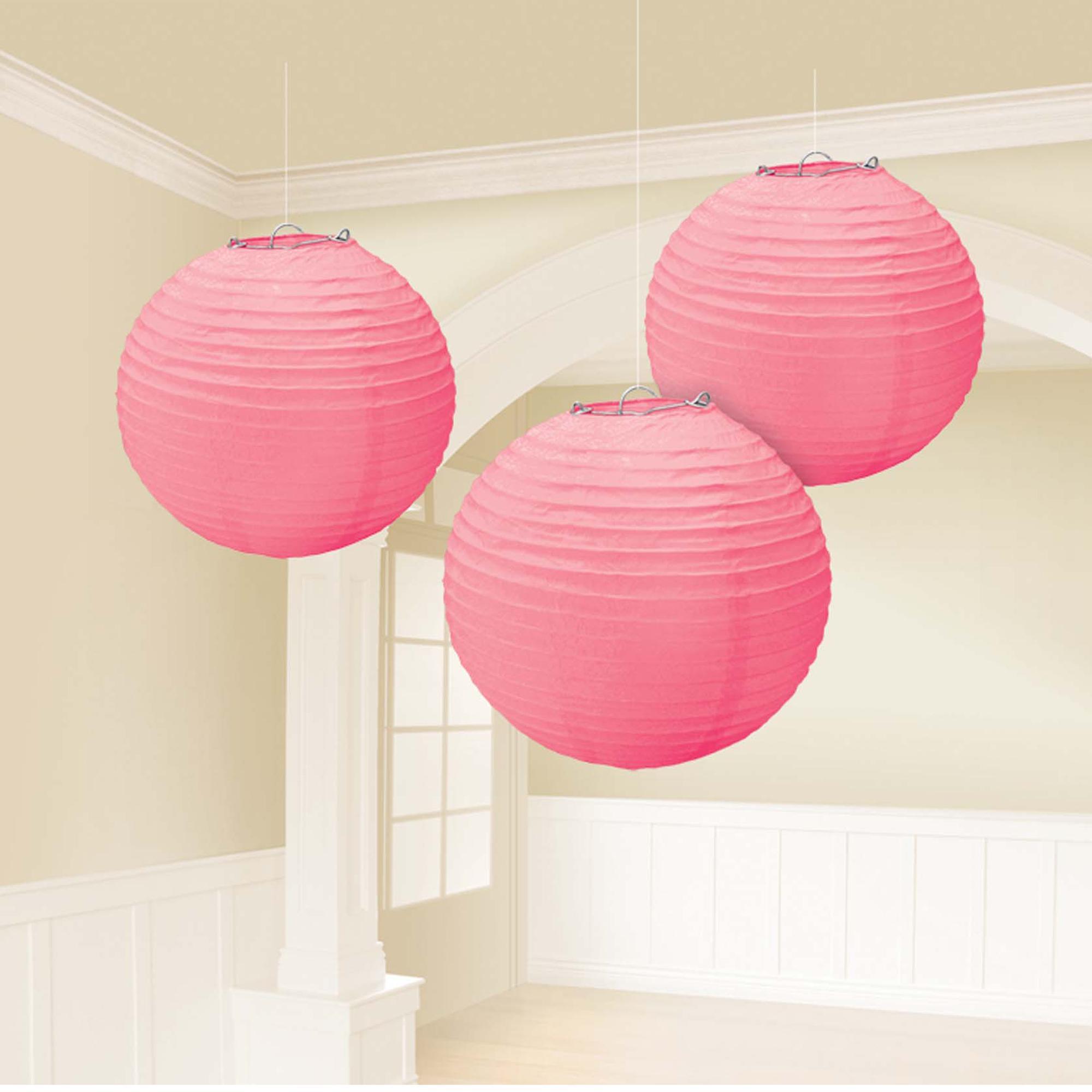 New Pink Round Paper Lanterns 9.5in 3pcs Decorations - Party Centre - Party Centre
