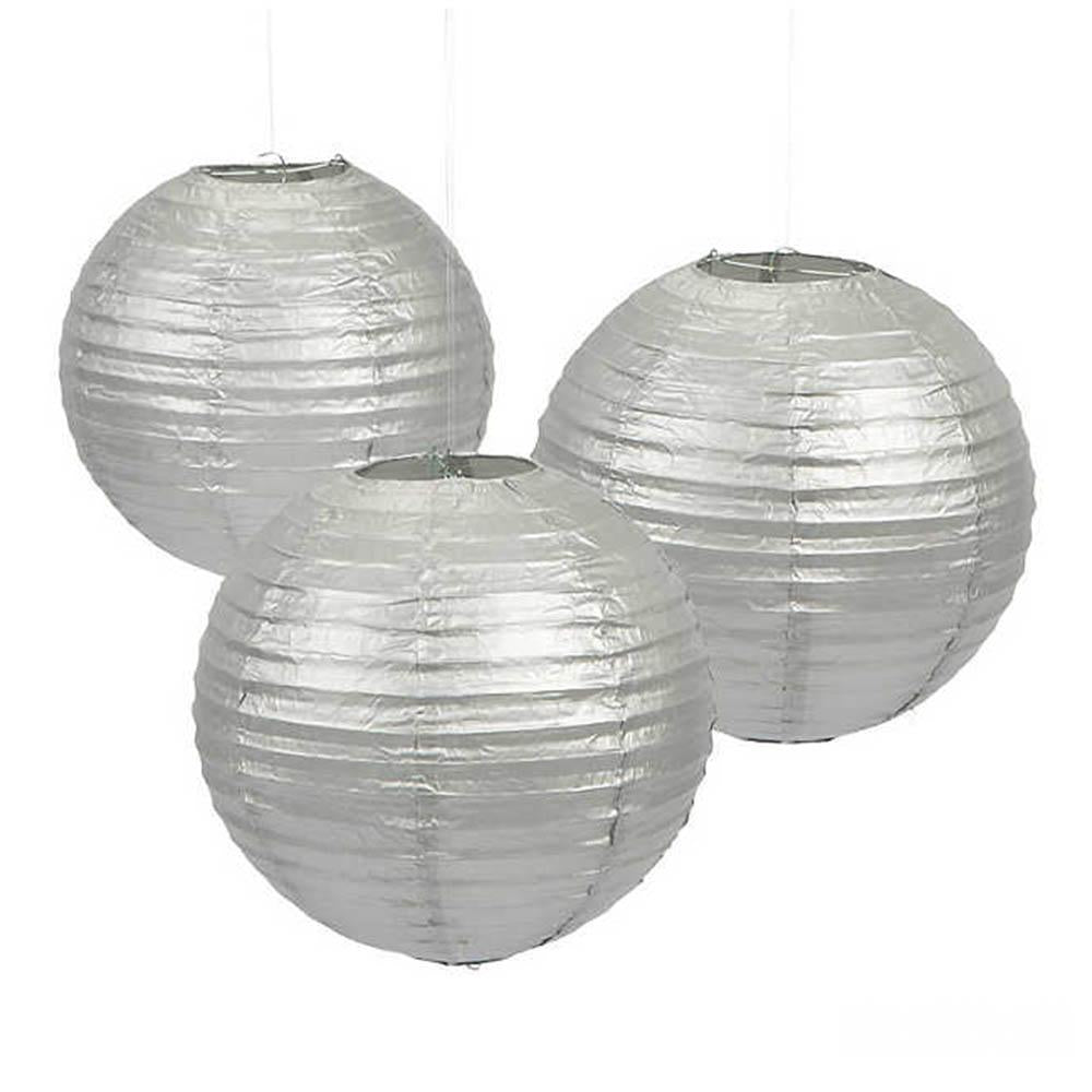 Silver Round Paper Lanterns 9.50in 3pcs Decorations - Party Centre - Party Centre