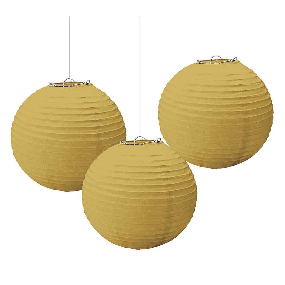 Gold Round Paper Lanterns 9.50in 3pcs Decorations - Party Centre - Party Centre