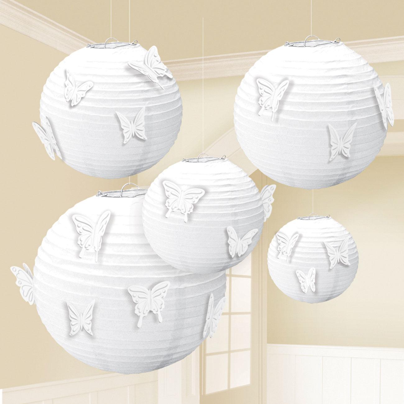 White Paper Lanterns w/ 24 Butterfly Attachments 5pcs Decorations - Party Centre - Party Centre