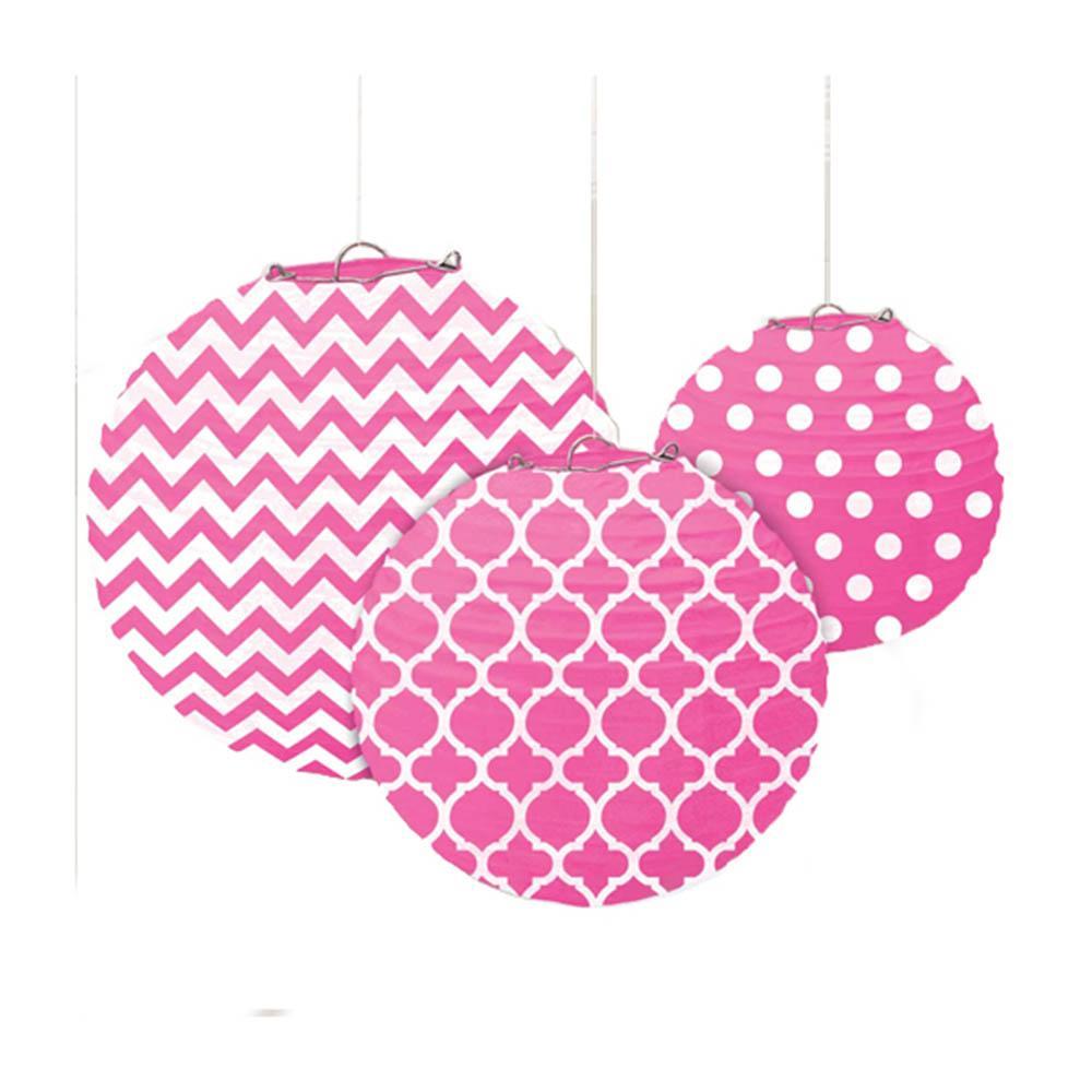 Bright Pink Dots & Chevron Round Paper Lanterns 3pcs Decorations - Party Centre - Party Centre