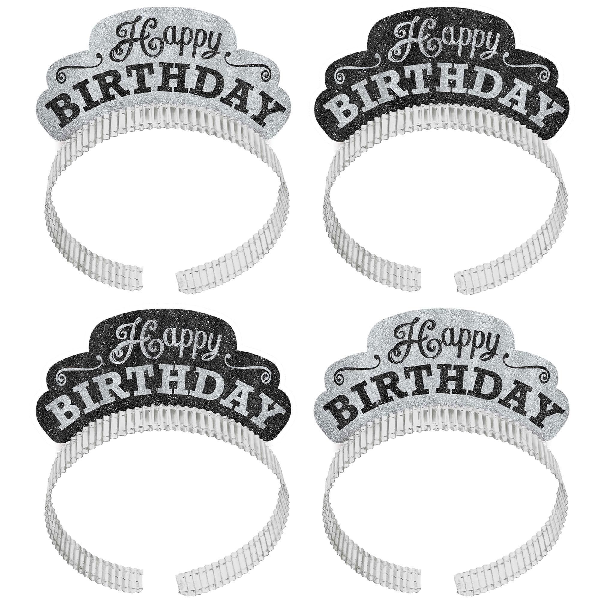 Black and White Happy Birthday Tiaras 12pcs Costumes & Apparel - Party Centre - Party Centre