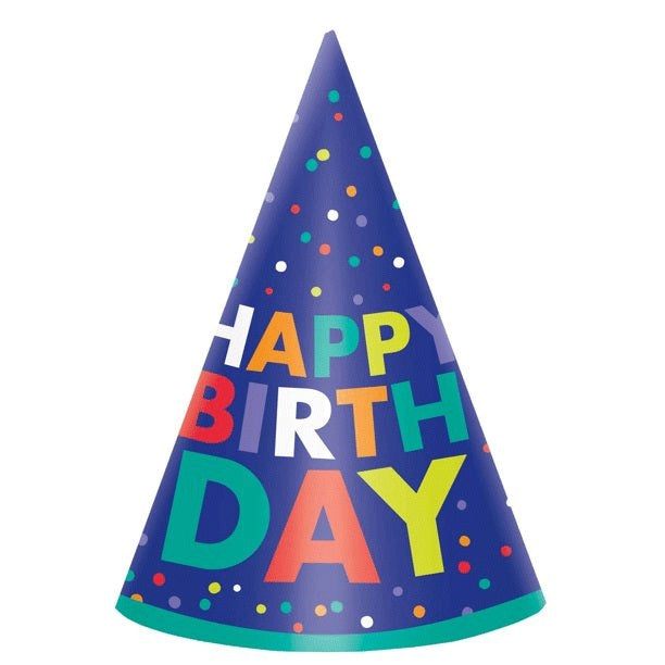 Bold Happy Birthday Cone Hats Paper 8pcs - Party Centre