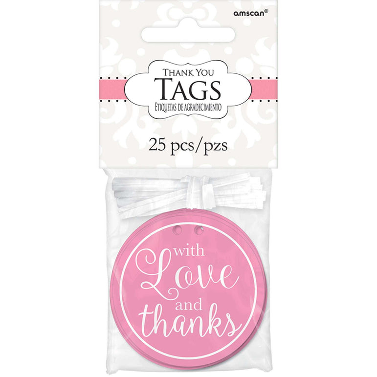 With Love And Thanks New Pink Tags 2in, 25pcs Favours - Party Centre